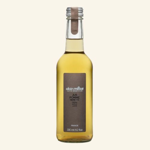 This image shows a bottle of Alain Milliat Jus de Pomme Reinette, an apple juice from France, labeled 330 mL or 11.2 fl oz.