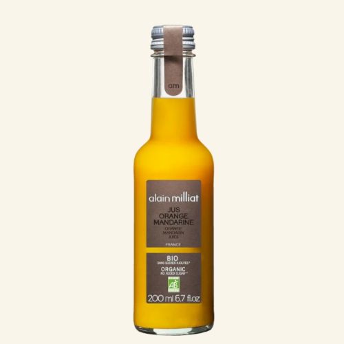 A bottle of Alain Milliat organic mandarin juice, 200 ml size, with a modern label design on a plain background.