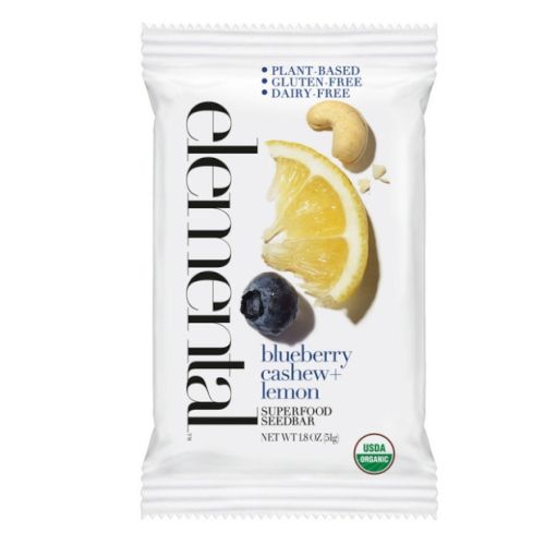 A snack bar package labeled "elemental" with blueberry, cashew, and lemon flavors, marked plant-based, gluten-free, dairy-free, USDA organic.