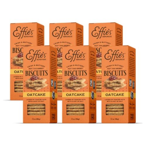 The image shows five boxes of Effie's Oatcake biscuits with an orange packaging design.
