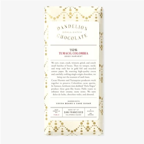 This image shows a Dandelion Chocolate bar with beans sourced from Tumaco, Colombia, featuring a detailed description on the packaging.