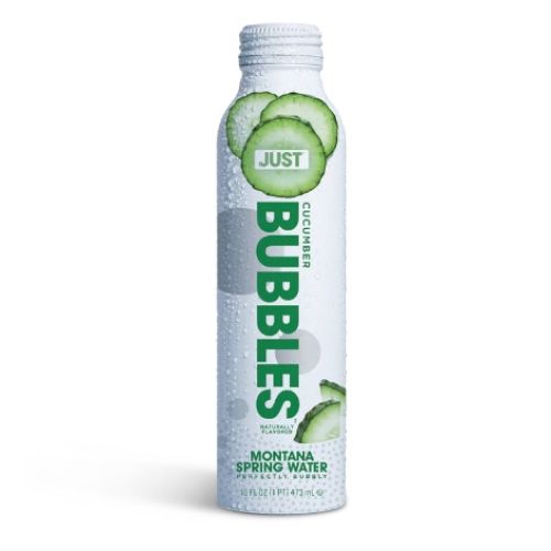The image shows a bottle of cucumber flavored sparkling water, labeled "JUST Bubbles," made from Montana spring water.