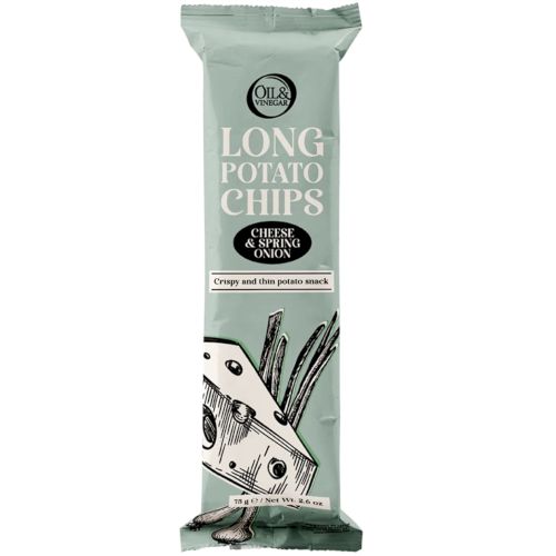This image shows a package of Long Potato Chips in Cheese & Spring Onion flavor, described as "crispy and thin potato snack."