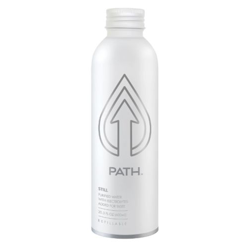 This image shows a white bottle labeled "PATH," featuring a geometric arrow design on its front and containing still water.